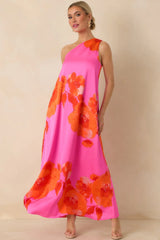 No Introduction Pink Multi Floral Print Satin One Shoulder Maxi Dress