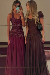Romantic A Line Halter Neck Burgundy Long Prom Dress with Appliques Beading