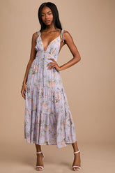 Everlasting Sight Lavender Floral Print Tie-Strap Midi Dress