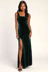 Elegant Sweetie Emerald Green Velvet Square Neck Maxi Dress