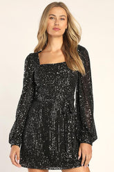 Festive Mood Black Sequin Long Sleeve Mini Dress