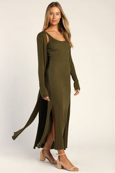 Layer Lover Olive Ribbed Knit Two-Piece Dress & Cardigan Set