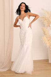 Dream Romance White Beaded Tulle Trumpet Maxi Dress