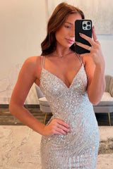 Silver Sequin Spaghetti Strap Mermaid Slit Prom Dress with Crisscross Lace-Up Back