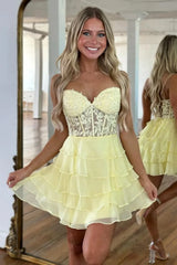 Charming A-Line Sweetheart Lace Top Short Tiered Chiffon Homecoming Dress