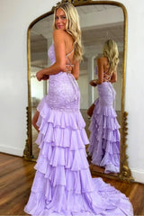 Charming Lilac Mermaid Spaghetti Straps Lace Up Long Prom Dress with Ruffle Skirt