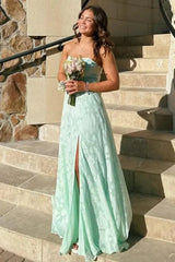 Mint Green Strapless Prom Dress with Front Slit and Textured Fabric