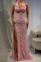 Gorgeous Mermaid Halter Neck Green Long Party Dress with 3D Flowers