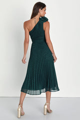 Special Charm Teal Pleated Swiss Dot One-Shoulder Midi Dress