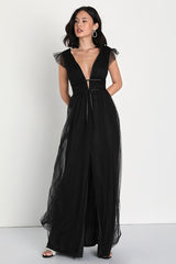 I'm All Yours Black Tulle Ruffled Maxi Dress