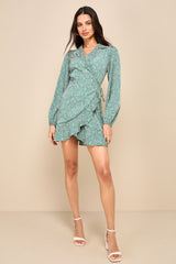 Totally Cute Time Green Floral Collared Wrap Mini Dress