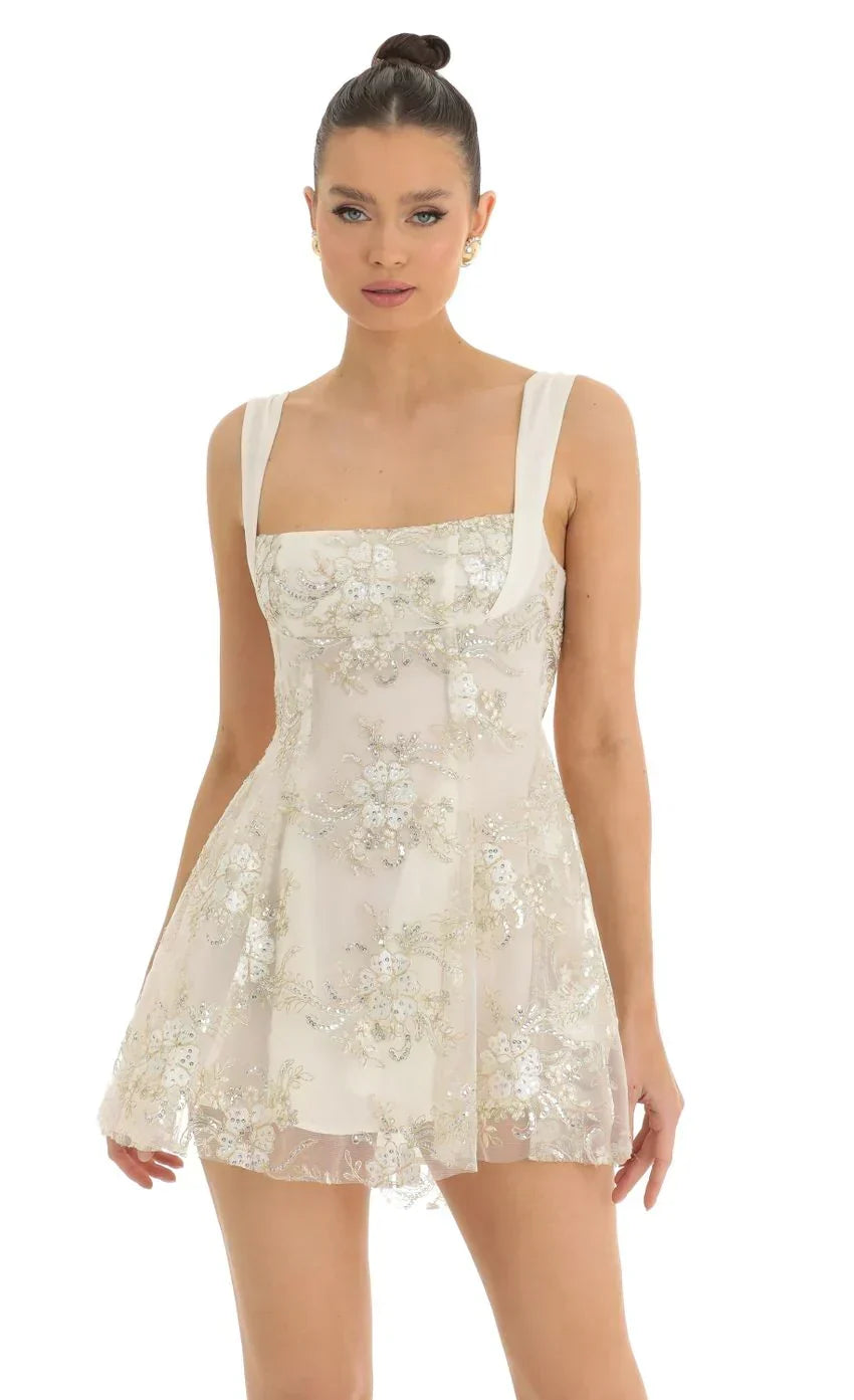 Floral Sequin Tulle Dress in White