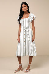 Mediterranean Moves Olive Striped Flutter Sleeve Midi Dress
