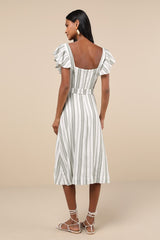 Mediterranean Moves Olive Striped Flutter Sleeve Midi Dress