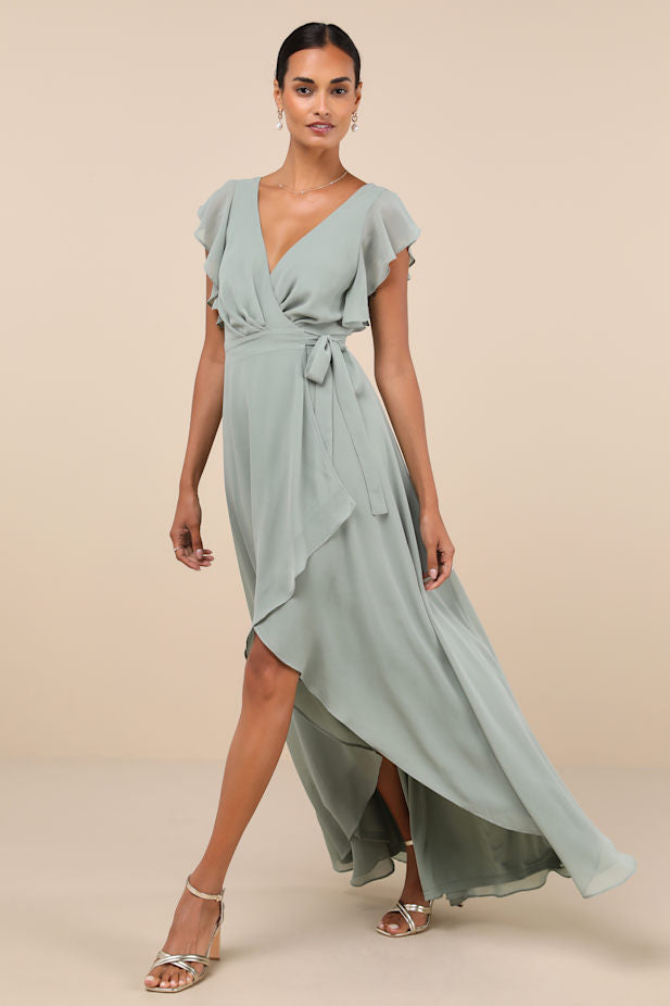 Ravishing Charm Sage Brush Ruffled Wrap High-Low Maxi Dress
