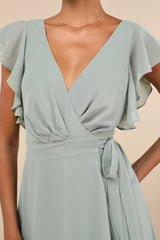Ravishing Charm Sage Brush Ruffled Wrap High-Low Maxi Dress