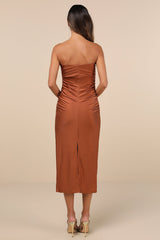 Gorgeous Reputation Copper Brown Strapless Ruched Midi Dress