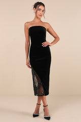 Feeling So Luxe Black Velvet Mesh Sequin Strapless Midi Dress