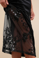 Feeling So Luxe Black Velvet Mesh Sequin Strapless Midi Dress