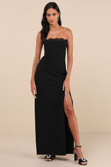 Memorably Iconic Black Strapless Lace Bustier Maxi Dress