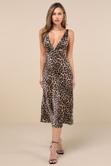 Unmatched Elegance Tan Leopard Satin Sleeveless Midi Dress