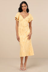 Effervescent Afternoon Yellow Satin Flutter Sleeve Midi Dress