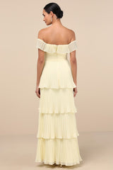 Always Remarkable Pale Yellow Off-the-Shoulder Maxi Dress