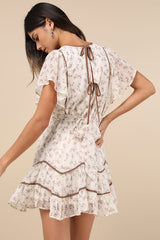 Adored Outing Ivory Floral Flutter Sleeve Surplice Mini Dress