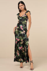 Captivating Grace Black Floral Satin Ruffled Maxi Dress