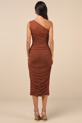 Kiden Brown Mesh Ruched One-Shoulder Midi Dress