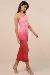 Beautiful Perception Pink Ombre One-Shoulder Mesh Midi Dress