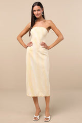 Brigita Yellow Striped Strapless Column Midi Dress