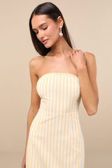 Brigita Yellow Striped Strapless Column Midi Dress