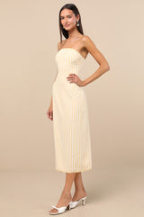 Brigita Yellow Striped Strapless Column Midi Dress