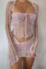 Sequins Knit Hollow Out Three-piece Outfits