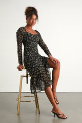 Perfectly Elevated Black Floral Long Sleeve Midi Dress