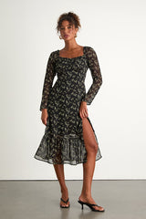 Perfectly Elevated Black Floral Long Sleeve Midi Dress