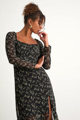 Perfectly Elevated Black Floral Long Sleeve Midi Dress