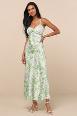 Valentina Green Multi Abstract Satin Ruffled Maxi Dress