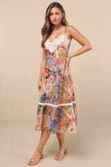 Ardith Light Pink Multi Floral Lace Tie-Strap Midi Dress