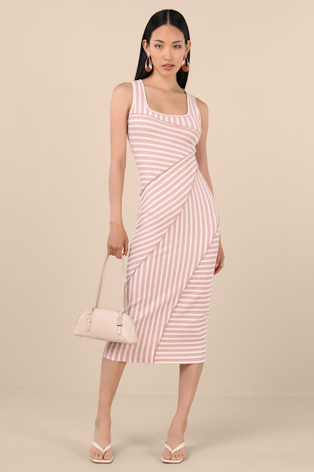 Constantly Trendy Blush Striped Crinkle Bodycon Midi Dress