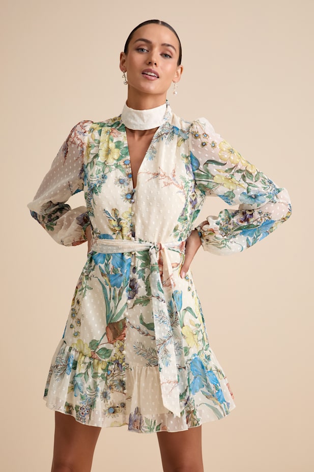 Ayame Ivory Floral Swiss Dot Balloon Sleeve Mini Dress