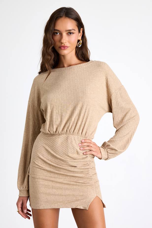 Tionne Heather Beige Ribbed Long Sleeve Mini Dress