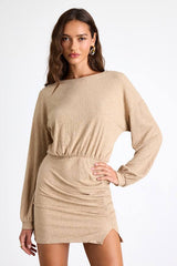 Tionne Heather Beige Ribbed Long Sleeve Mini Dress