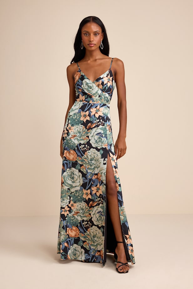 Radiant Occasion Black Multi Floral Satin A-Line Maxi Dress