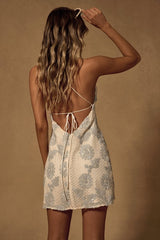 Ginetta Cream Textured Floral Sequin Tie-Back Mini Dress