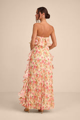 Andri Light Yellow Floral Pleated Ruffled Maxi Dress