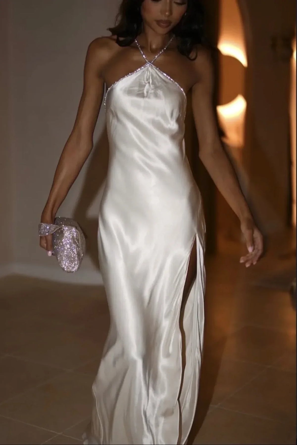 Hot Sheath Halter Neck White Long Party Dress with Split Front Beading