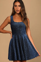 Best Date Ever Blue Metallic Skater Mini Dress
