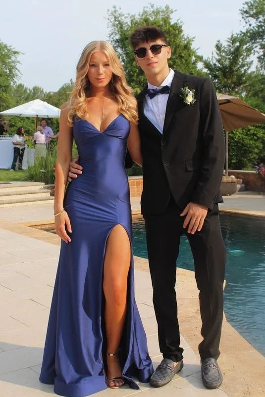Stunning Mermaid Spaghetti Straps Navy Blue Long Prom Dress with Split Front